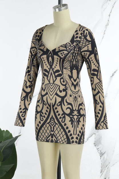 Casual Print Basic V Neck Long Sleeve Dresses