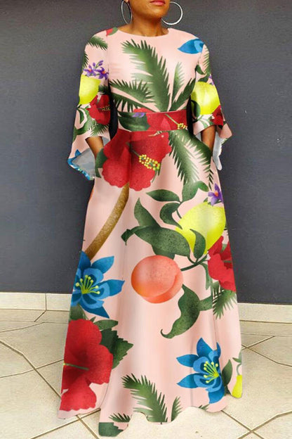 Casual Print Patchwork O Neck Long Dress Plus Size Dresses