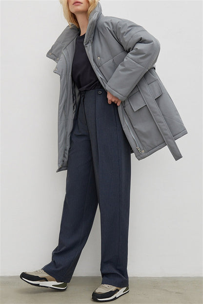 Casual Solid Patchwork With Belt Turndown Collar Outerwear