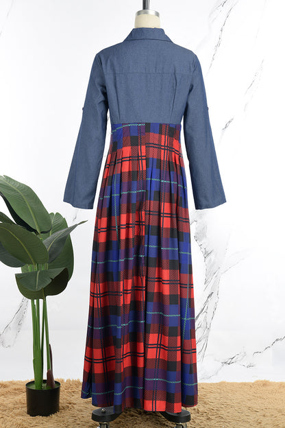 Casual Plaid Patchwork Turndown Collar Long Sleeve Dresses