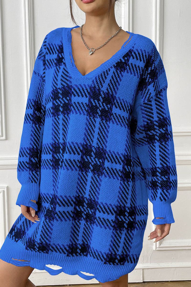 Street Plaid Patchwork V Neck Straight Dresses