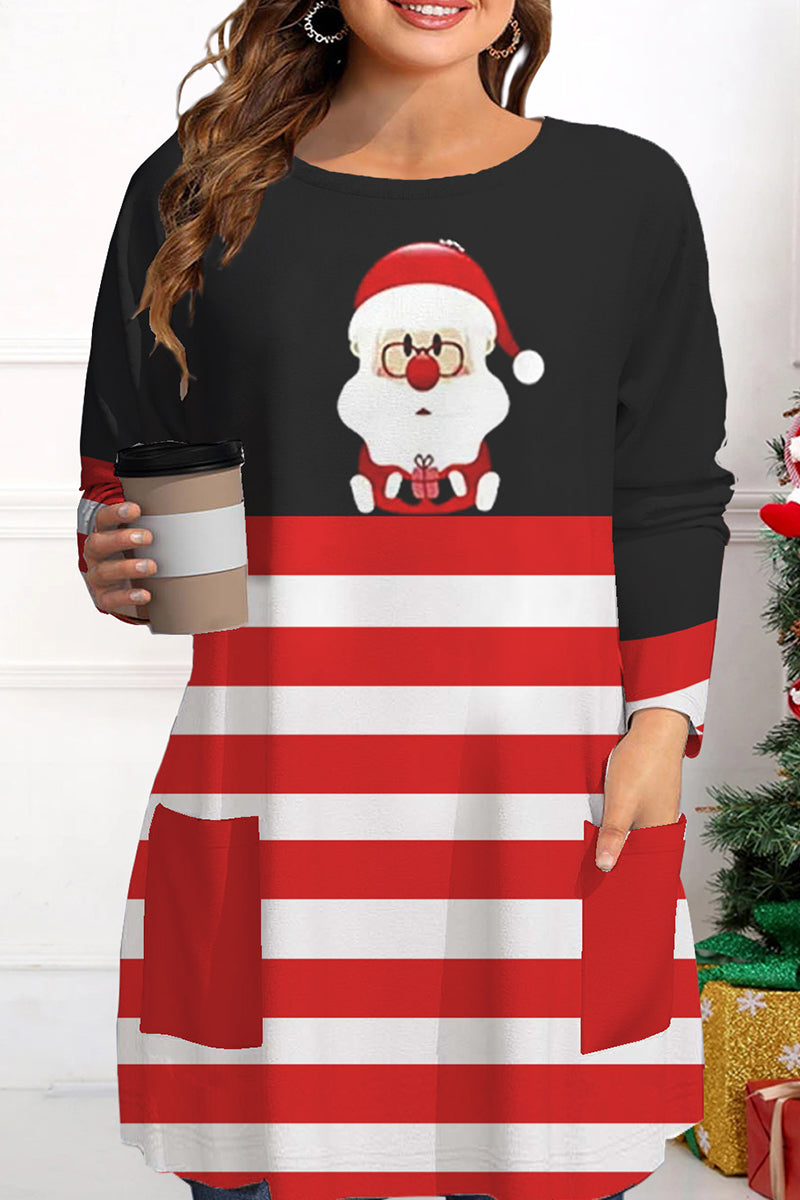 Casual Print Santa Claus Basic O Neck Tops