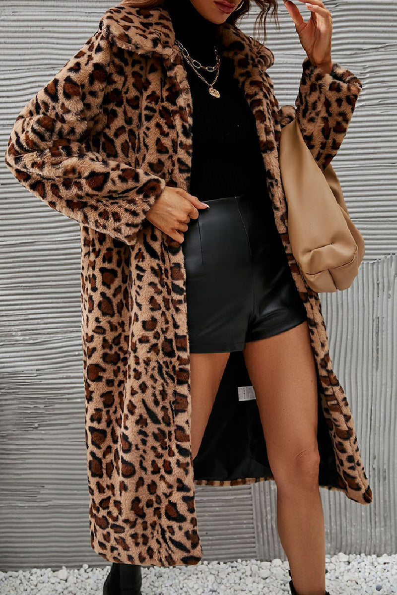 Casual Leopard Cardigan Turndown Collar Outerwear