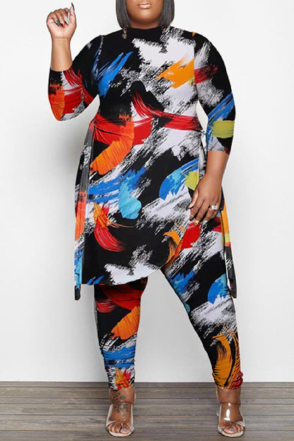 Casual Print Frenulum O Neck Plus Size Two Piece Set