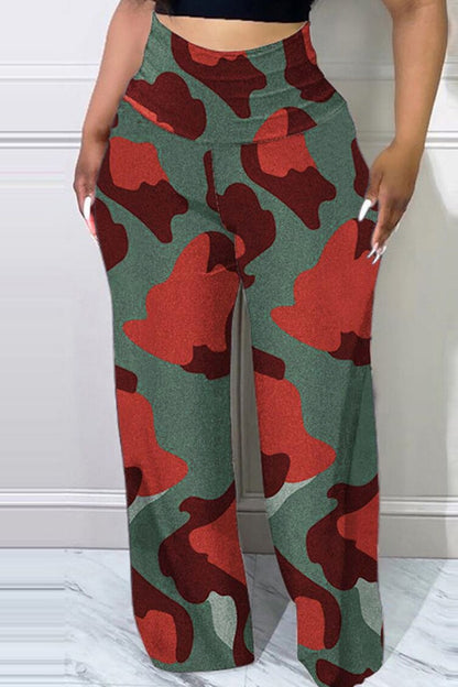 Casual Print Patchwork Plus Size High Waist Trousers