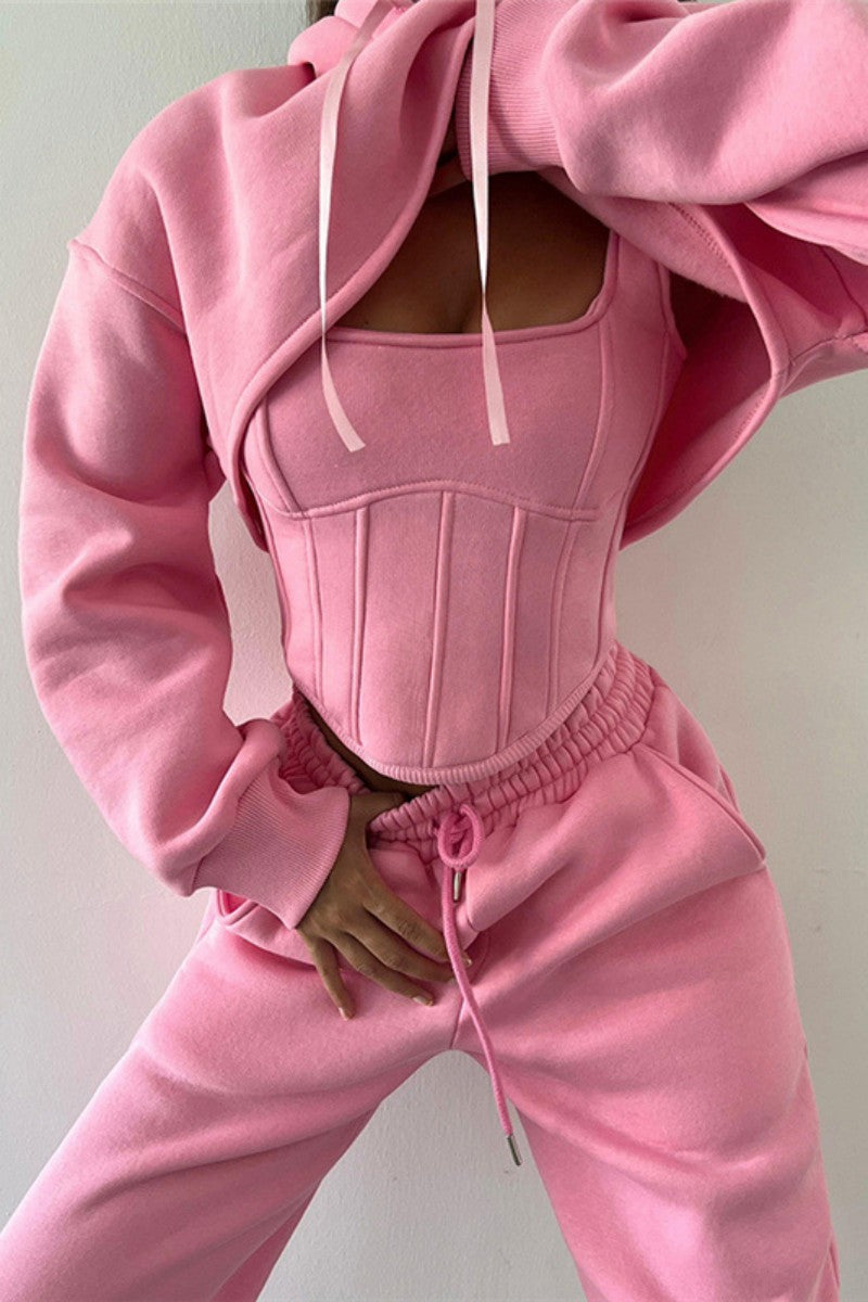 Casual Solid Basic Hooded Collar Long Sleeve Three Piece Set