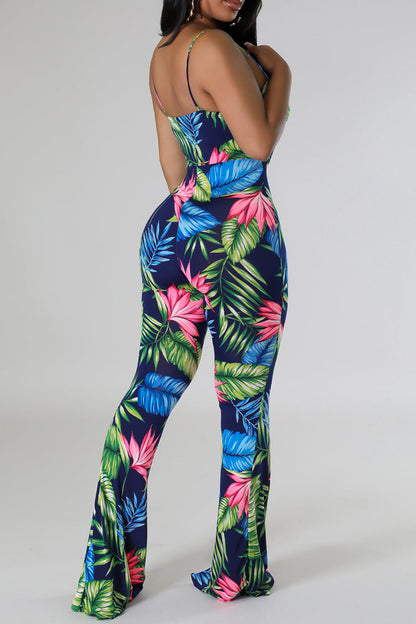 Street Print Patchwork Spaghetti Strap Regular Jumpsuits