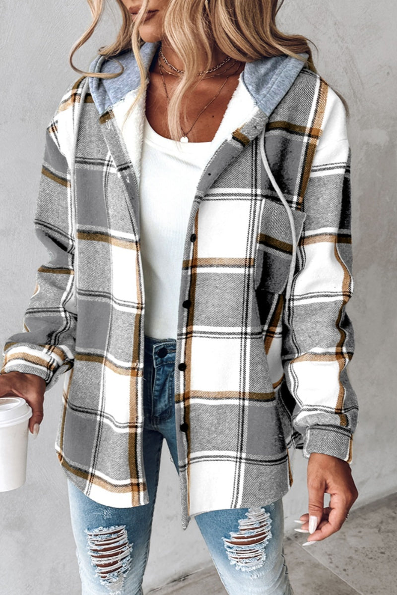 Casual Plaid Patchwork Hooded Collar Outerwear