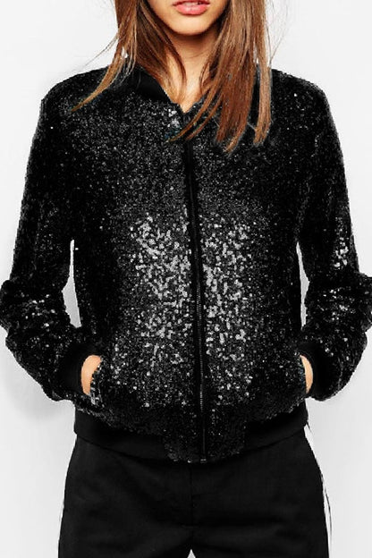 Casual Patchwork Sequins Zipper Collar Outerwear