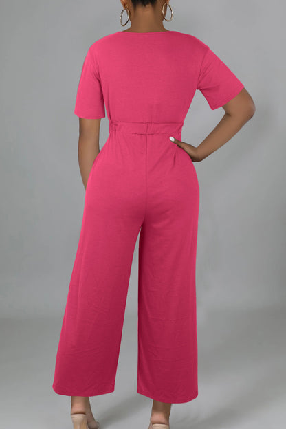 Casual Solid Patchwork V Neck Loose Jumpsuits