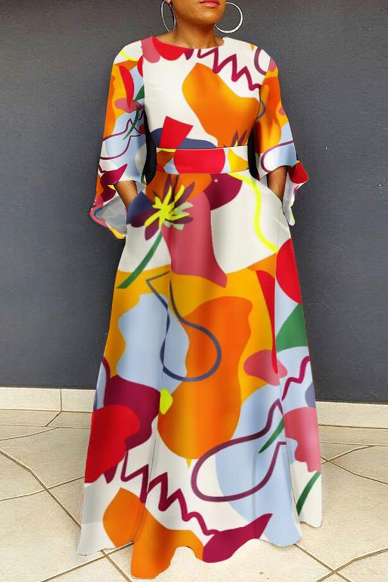 Casual Print Patchwork O Neck Long Dress Plus Size Dresses