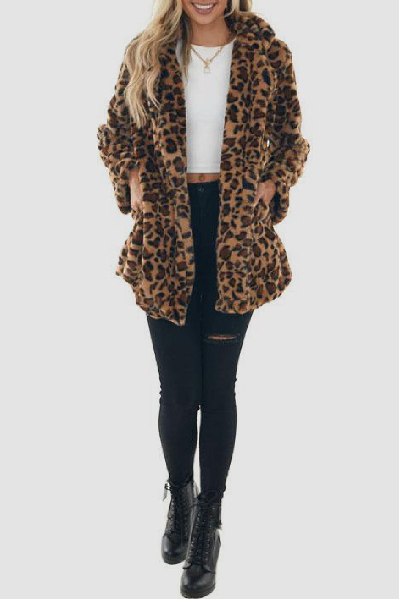 Casual Leopard Cardigan Turndown Collar Outerwear