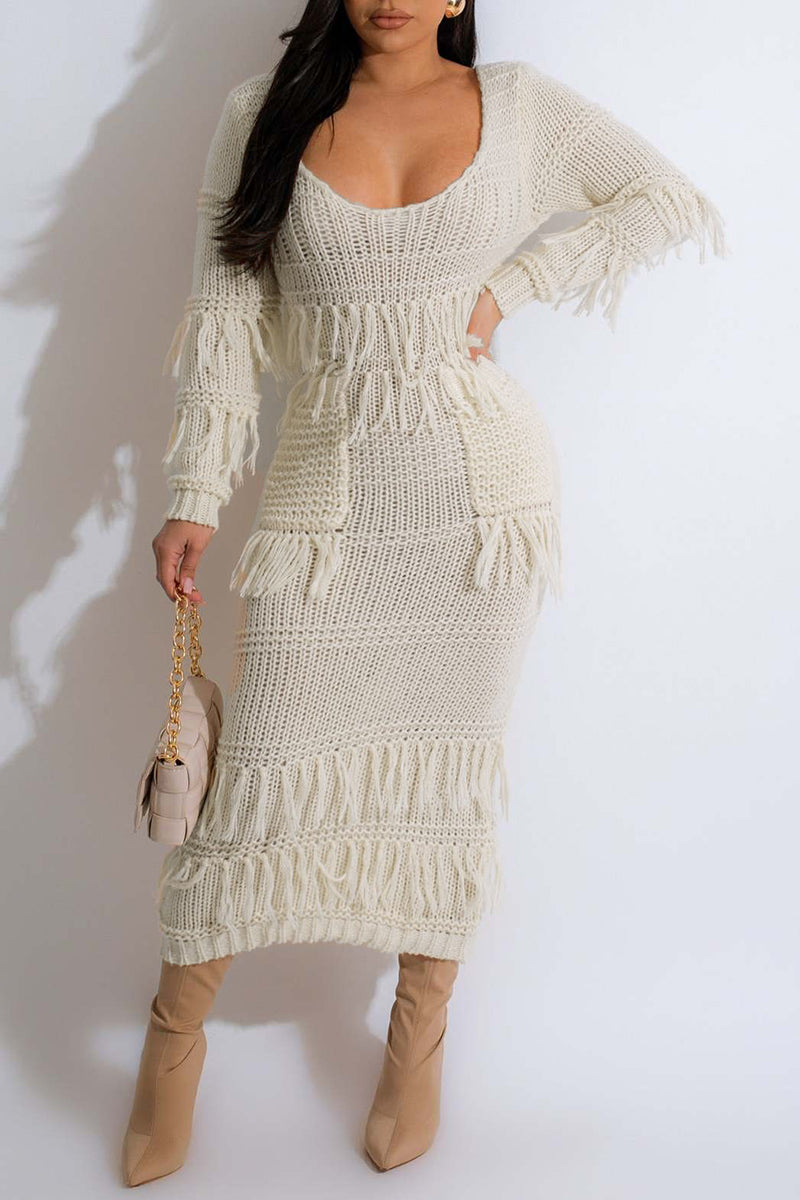 Casual Solid Tassel O Neck Long Sleeve Dresses