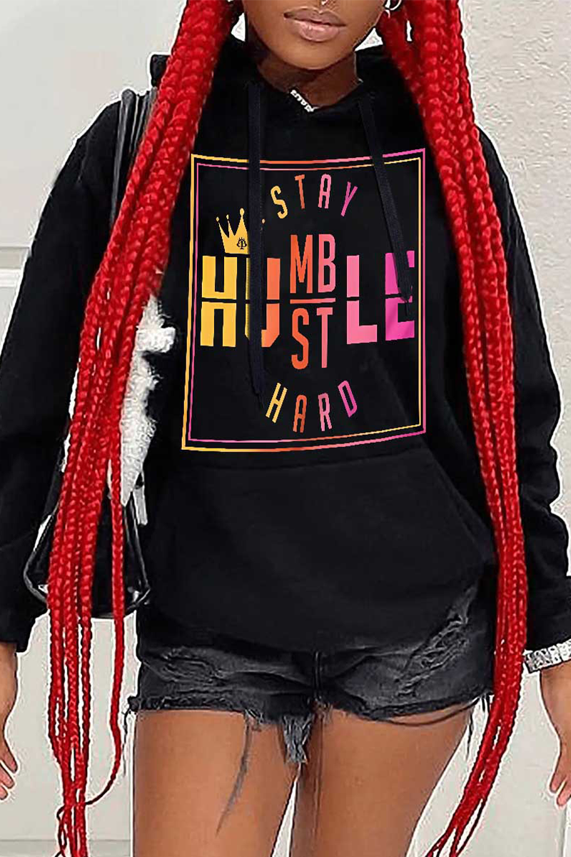 Casual Print Draw String Letter Hooded Collar Tops