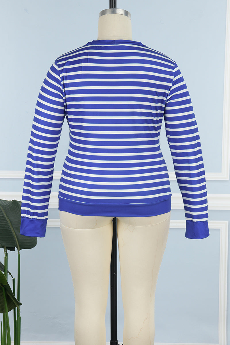 Casual Striped Patchwork Buttons V Neck Plus Size Tops