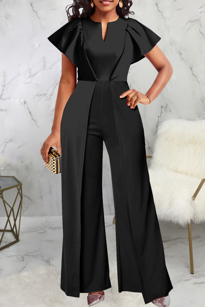 Sexy Solid Patchwork Asymmetrical Collar Loose Jumpsuits