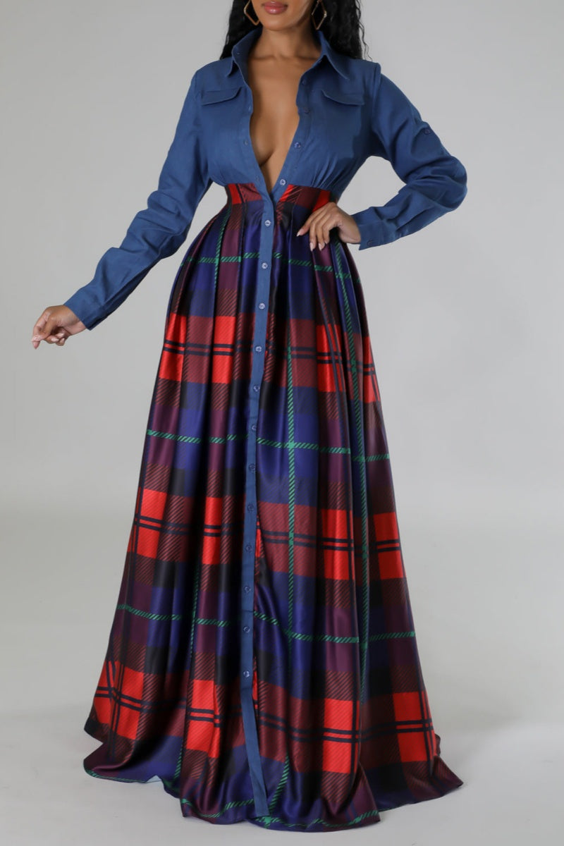 Casual Plaid Patchwork Turndown Collar Long Sleeve Dresses