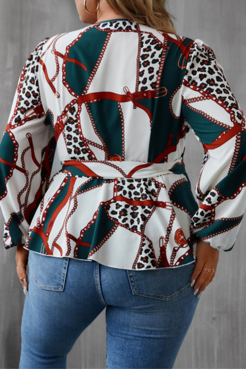 Casual Print Patchwork V Neck Plus Size Tops