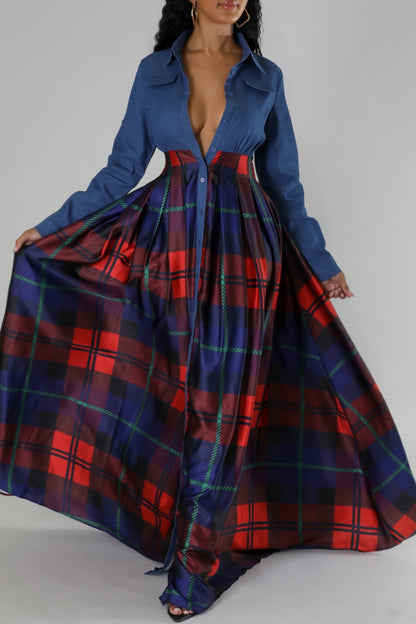 Casual Plaid Patchwork Turndown Collar Long Sleeve Dresses