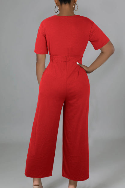 Casual Solid Patchwork V Neck Loose Jumpsuits