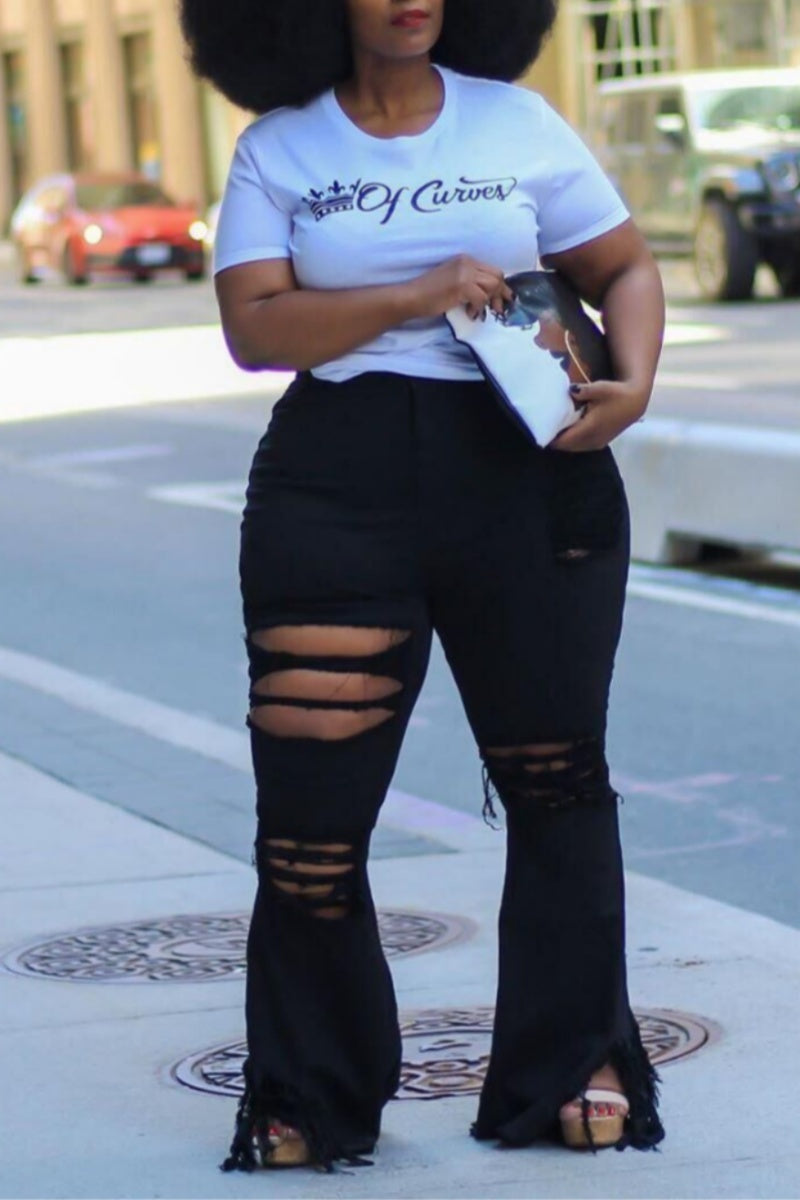 Casual Solid Ripped Plus Size Jeans