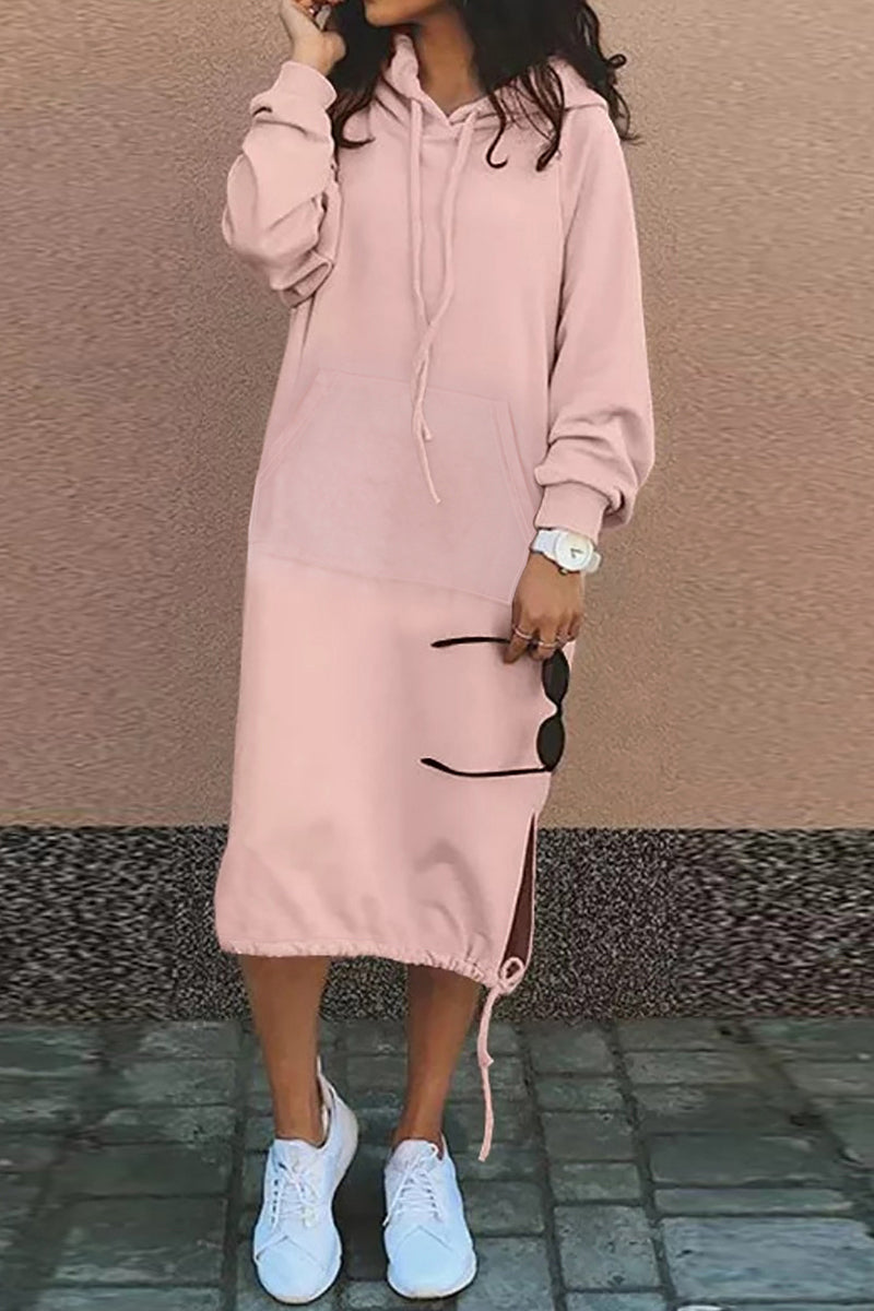 Casual Solid Frenulum Hooded Collar Long Sleeve Dresses