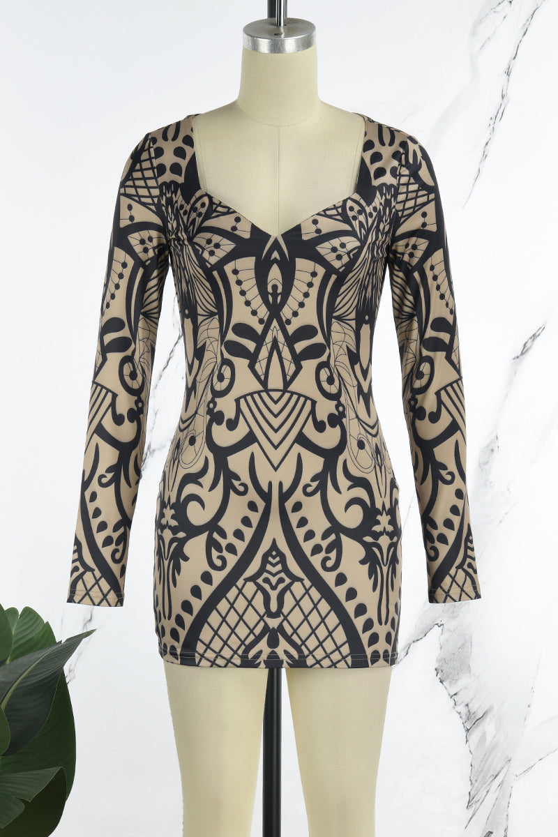 Casual Print Basic V Neck Long Sleeve Dresses