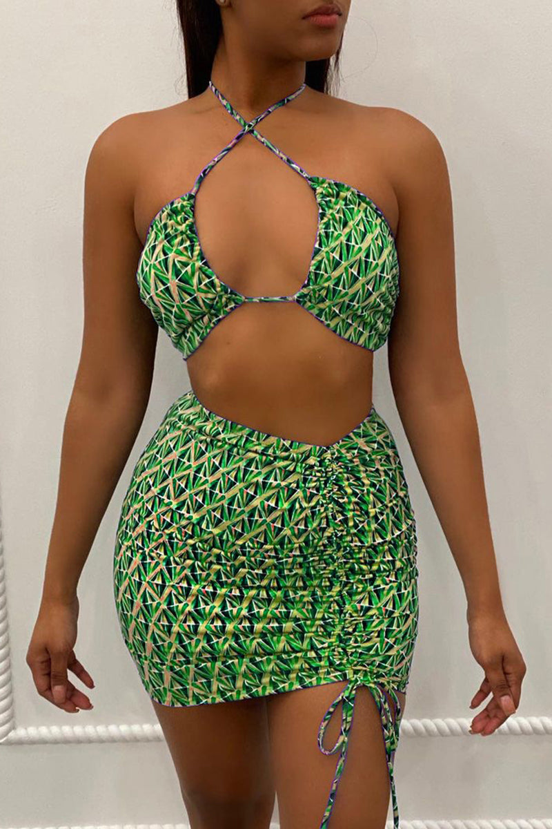 Sexy Print Bandage Patchwork Halter Sleeveless Two Pieces