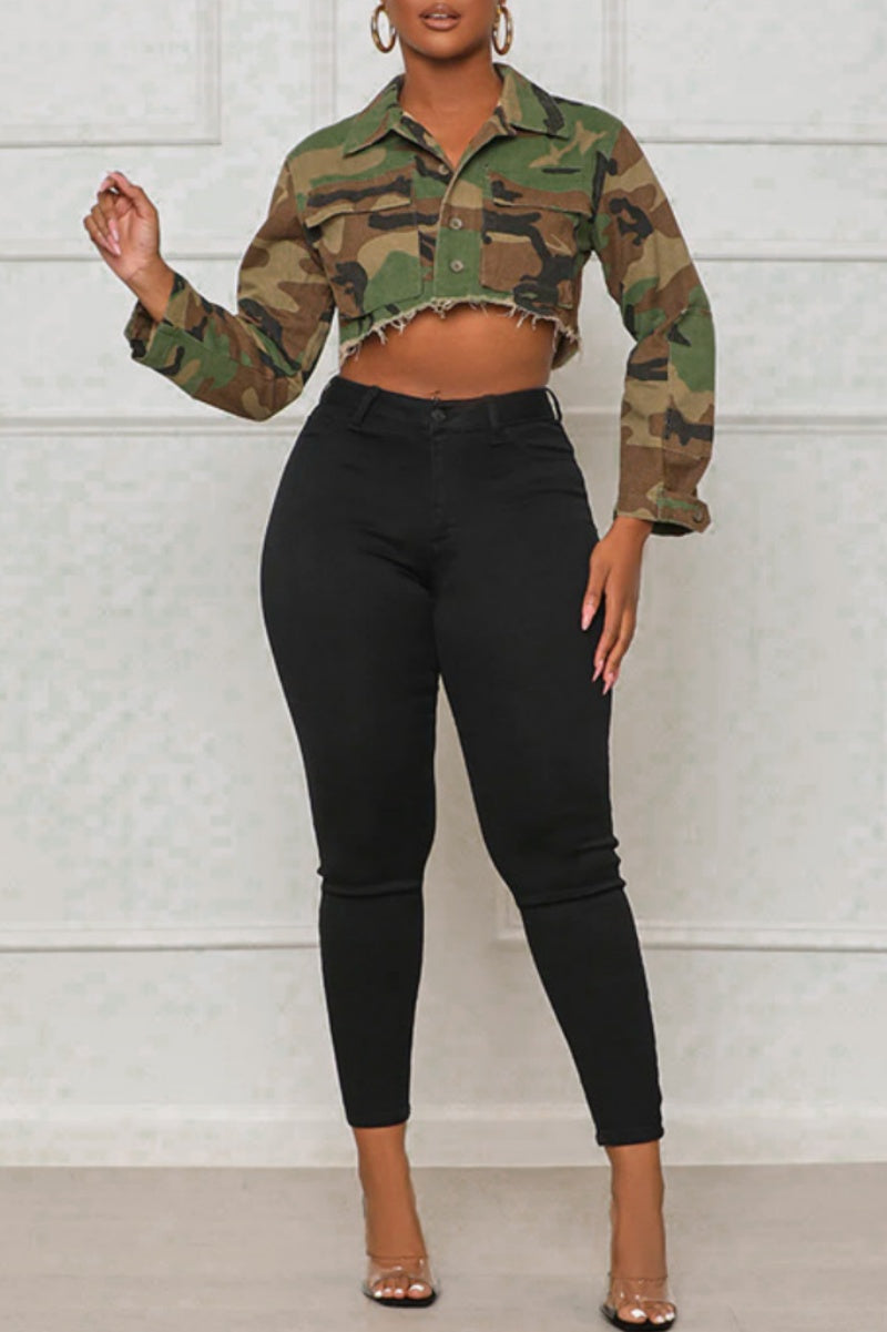 Casual Camouflage Print Patchwork Turndown Collar Outerwear