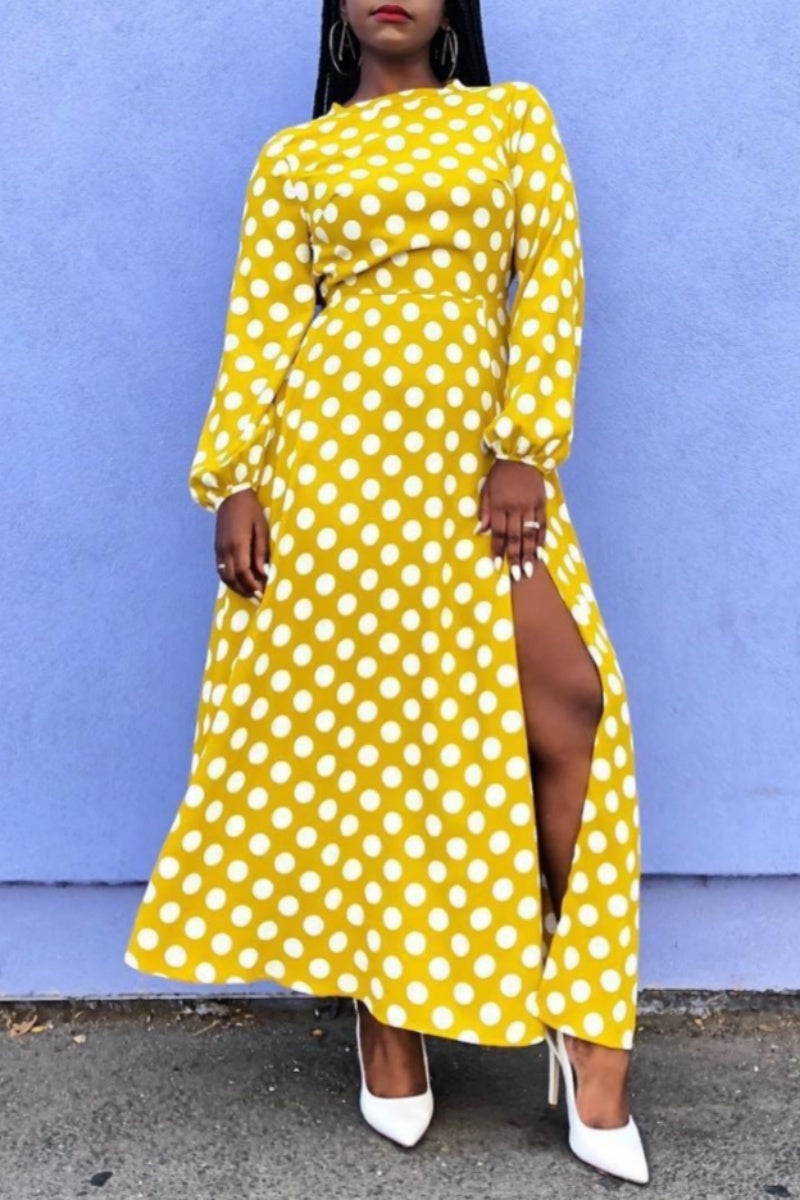 Casual Dot Print Slit Half A Turtleneck Long Dress Dresses