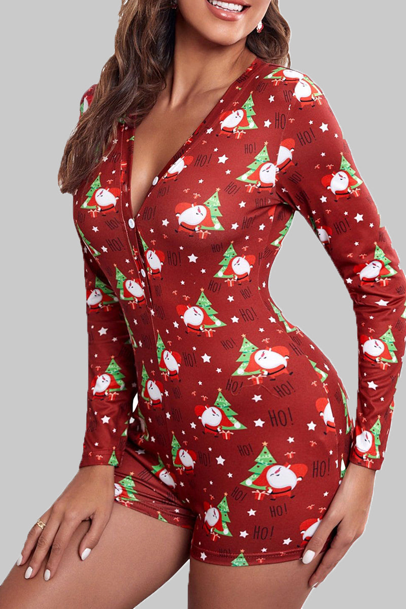 Sexy Print Patchwork Buckle V Neck Skinny Rompers