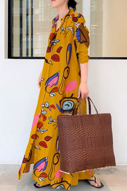 Casual Print Patchwork Turndown Collar Shirt Dress Dresses