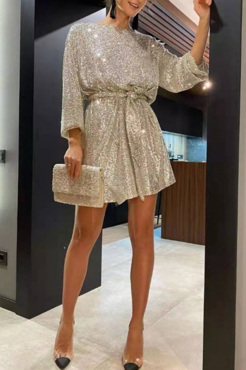 Casual Patchwork Sequins O Neck Long Sleeve Dresses