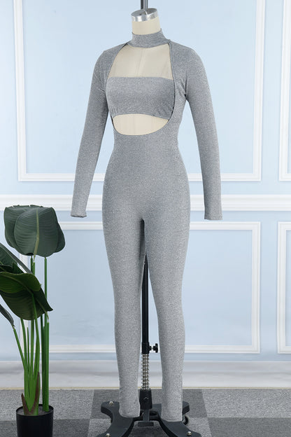 Sexy Casual Solid Hollowed Out Turtleneck Skinny Jumpsuits