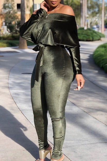 Sweet Solid Bandage Patchwork Oblique Collar Loose Jumpsuits