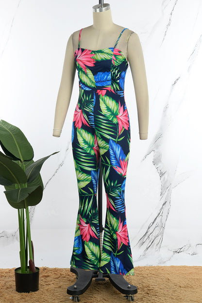 Street Print Patchwork Spaghetti Strap Regular Jumpsuits