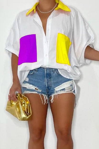 Casual Color Block Patchwork Pocket Buckle Shirt Collar Tops