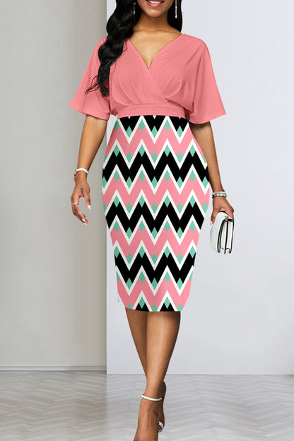 Sexy Print Patchwork V Neck Pencil Skirt Dresses