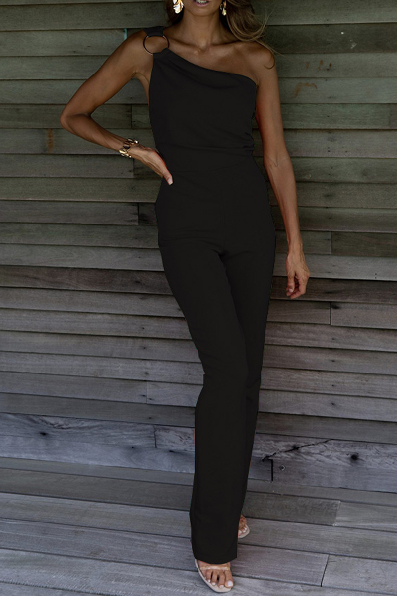 Casual Solid Patchwork One Shoulder Regular Jumpsuits