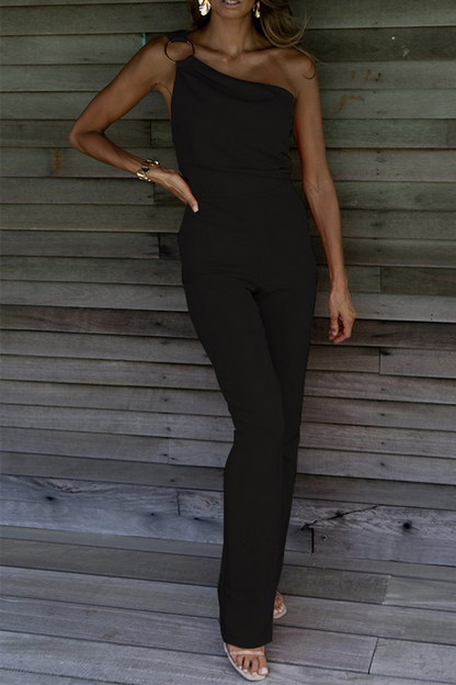 Casual Solid Patchwork One Shoulder Regular Jumpsuits