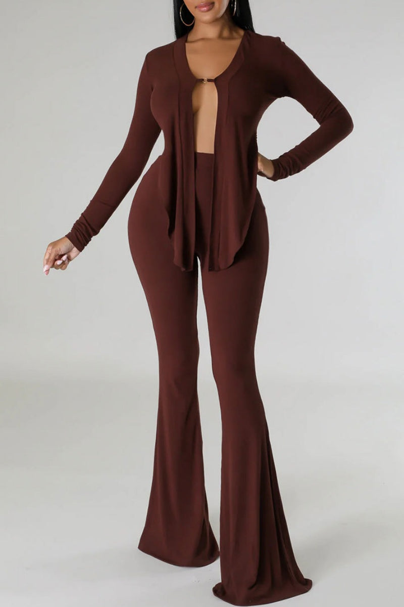 Casual Solid Asymmetrical V Neck Long Sleeve Two Pieces