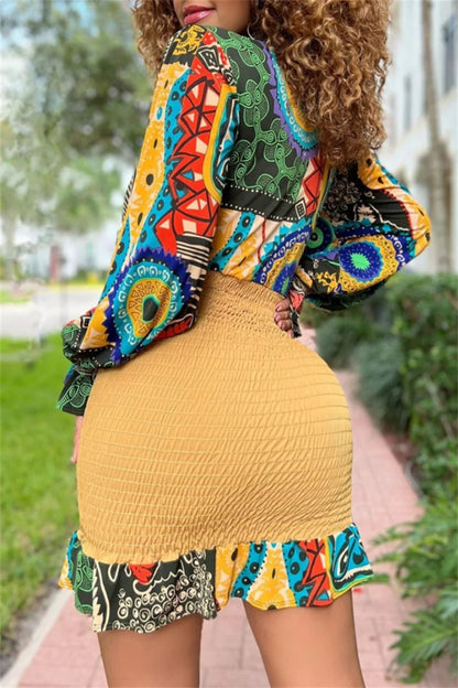 Casual Print Patchwork V Neck Long Sleeve Dresses