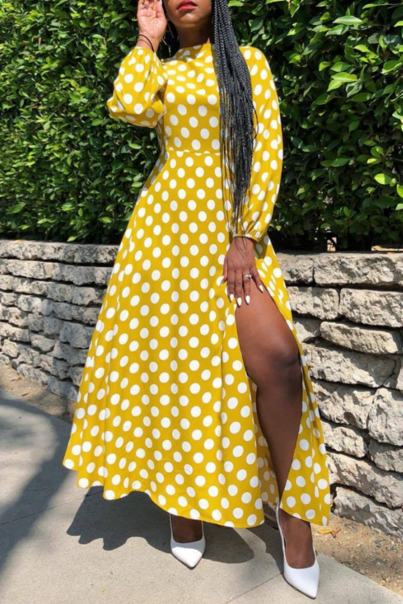 Casual Dot Print Slit Half A Turtleneck Long Dress Dresses