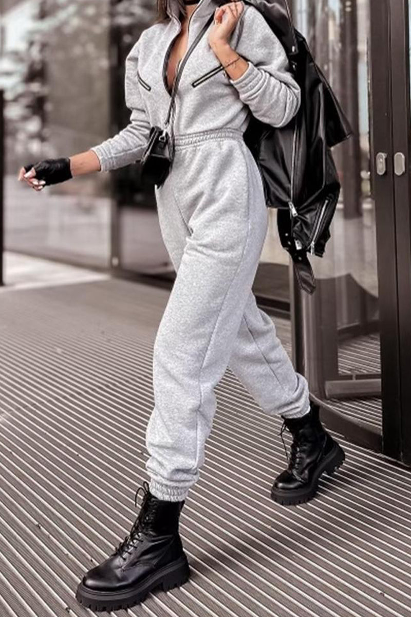 Casual Simplicity Solid Pocket Zipper Turndown Collar Regular Jumpsuits