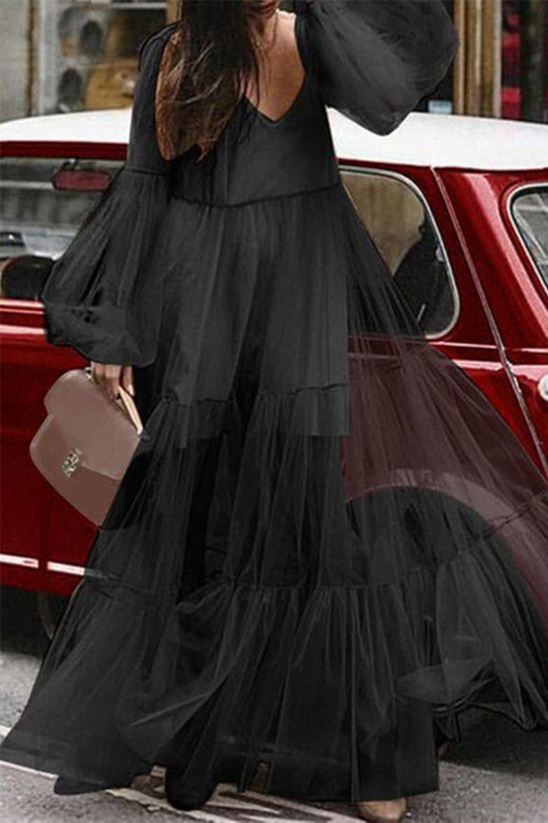 Elegant Solid See-through V Neck Long Sleeve Dresses