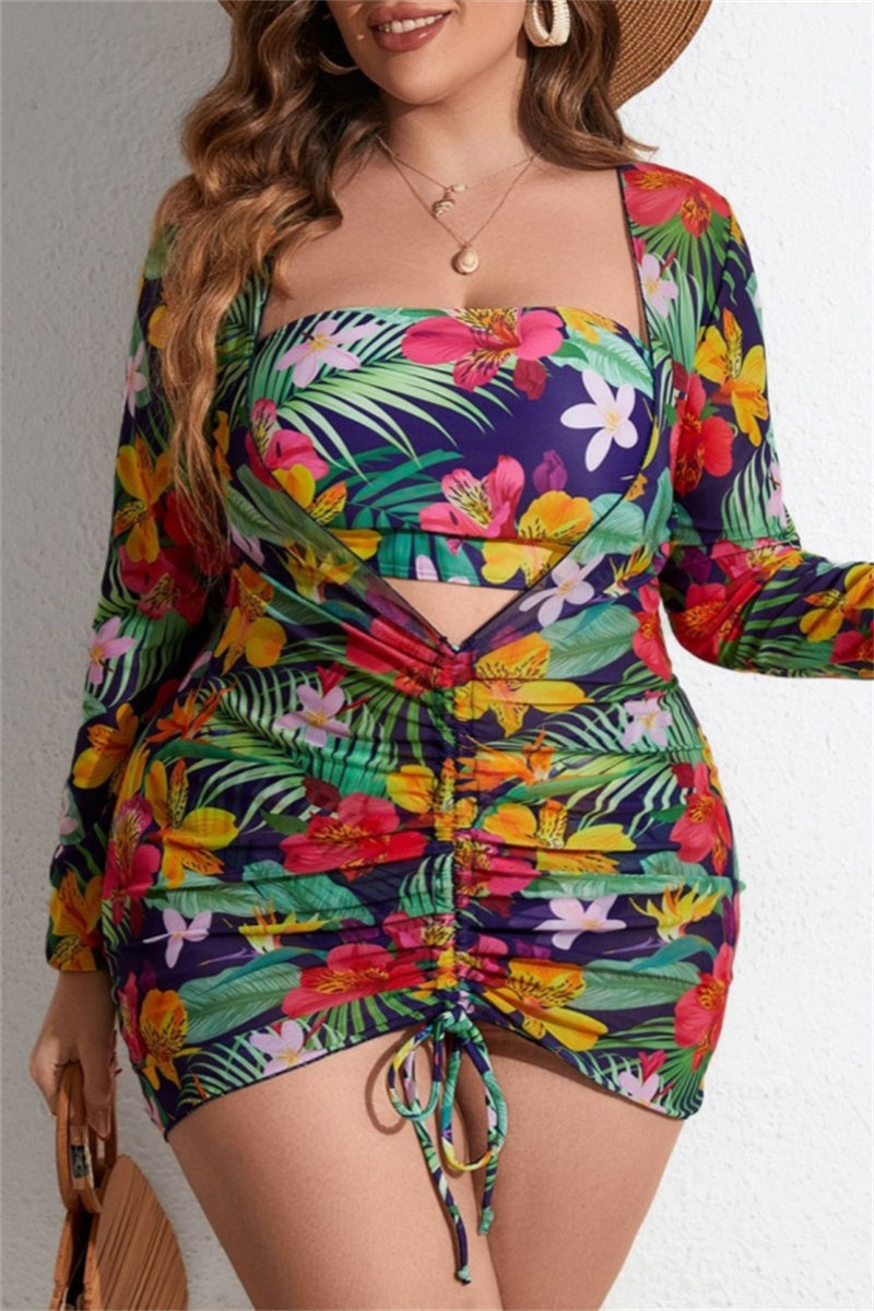 Sexy Print Draw String Frenulum Plus Size Swimwear