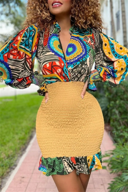 Casual Print Patchwork V Neck Long Sleeve Dresses