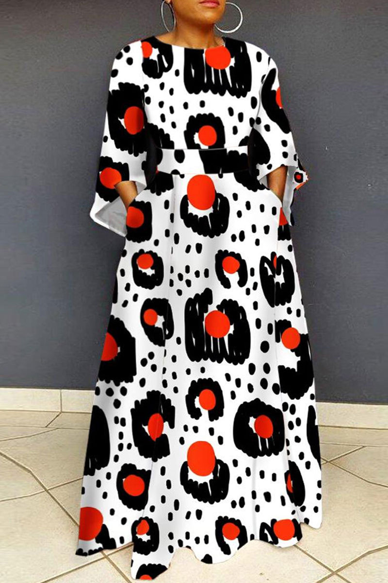 Casual Print Patchwork O Neck Long Dress Plus Size Dresses