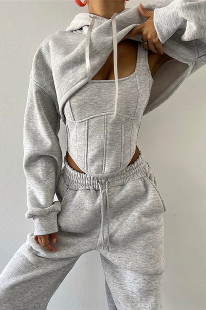 Casual Solid Basic Hooded Collar Long Sleeve Three Piece Set