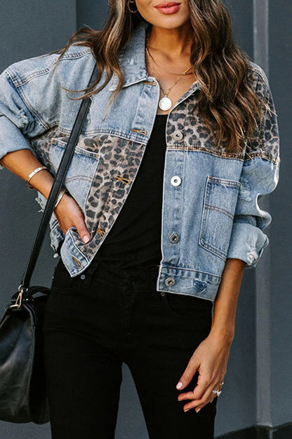 Casual Leopard Ripped Pocket Turndown Collar Outerwear